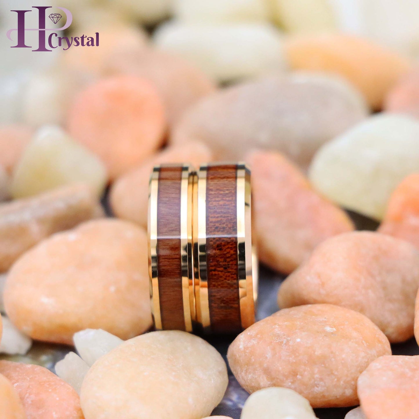 Rose Gold IP Plated with Hawaiian Koa Wood Inlay Shiny Beveled Edge Tungsten Ring