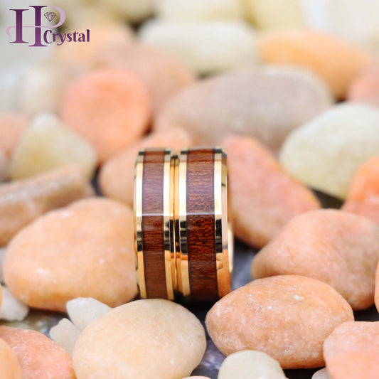 Rose Gold IP Plated with Hawaiian Koa Wood Inlay Shiny Beveled Edge Tungsten Ring