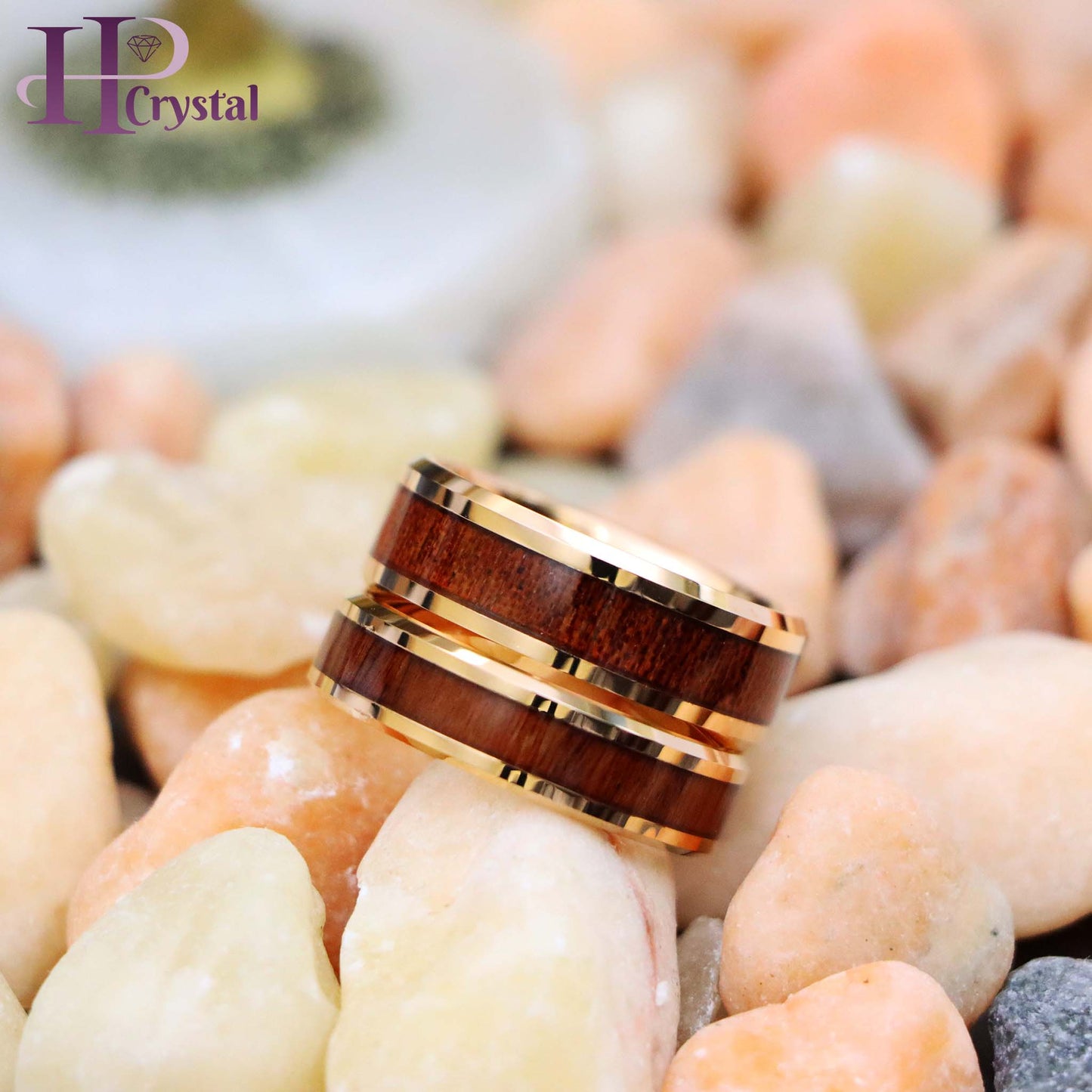 Rose Gold IP Plated with Hawaiian Koa Wood Inlay Shiny Beveled Edge Tungsten Ring