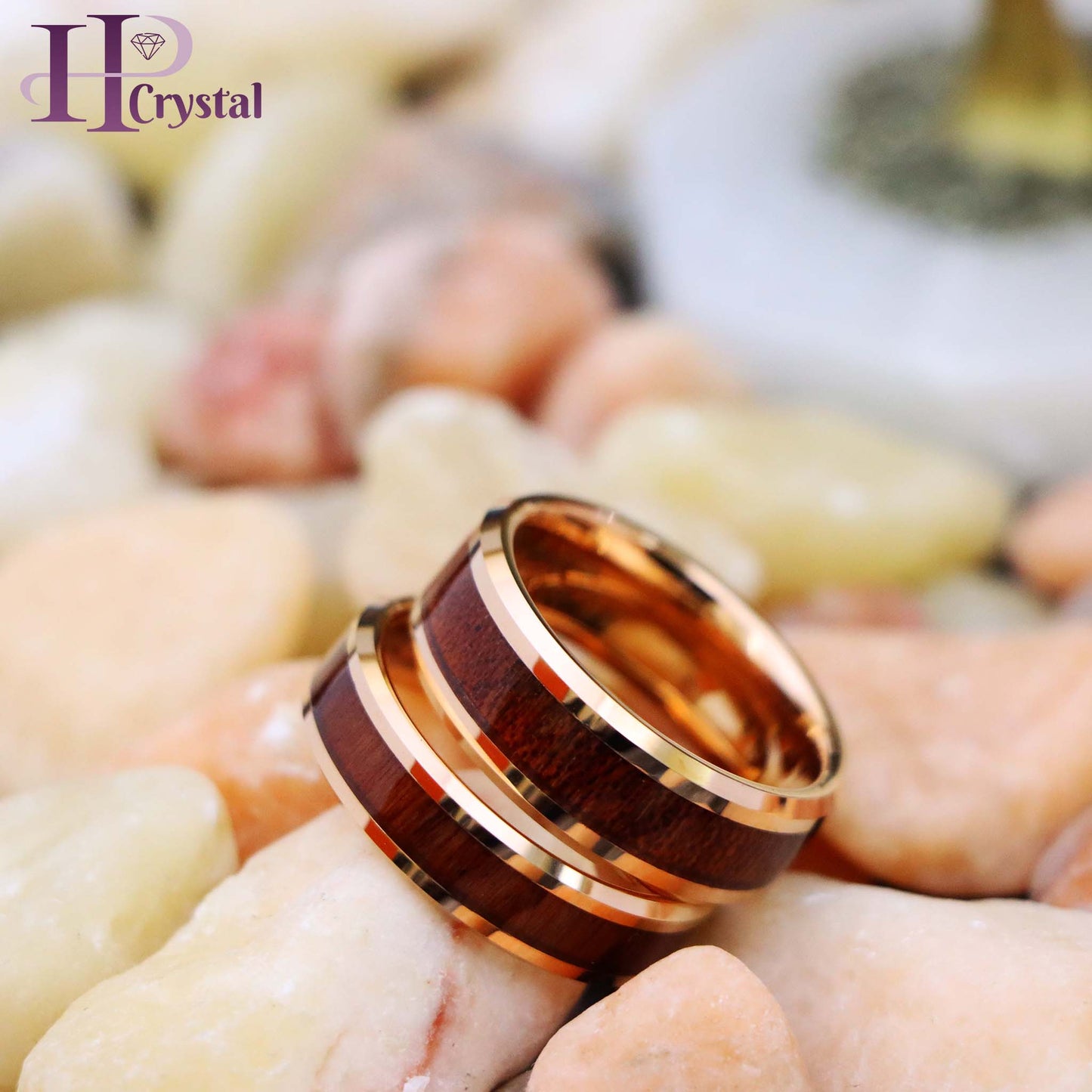 Rose Gold IP Plated with Hawaiian Koa Wood Inlay Shiny Beveled Edge Tungsten Ring