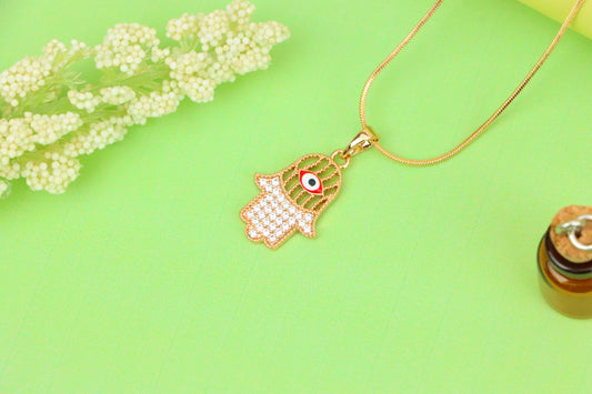 Rose Gold Hamsa Hand Pendant with Evil Eye and Sparkling Stones, XPPT1386 (2133-10)