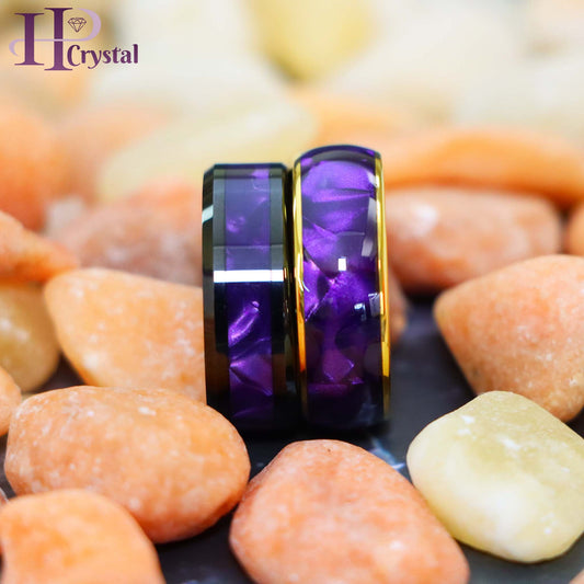 Yellow Gold IP/Black IP Plated with Imitation Purple Cowrie Inlay Tungsten Ring - Men's Tungsten Jewelry