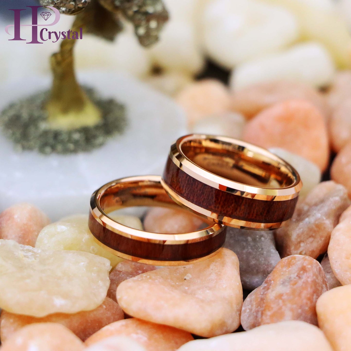 Rose Gold IP Plated with Hawaiian Koa Wood Inlay Shiny Beveled Edge Tungsten Ring