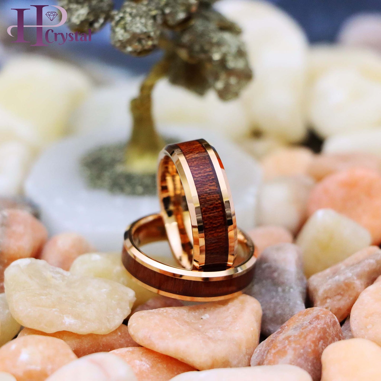 Rose Gold IP Plated with Hawaiian Koa Wood Inlay Shiny Beveled Edge Tungsten Ring