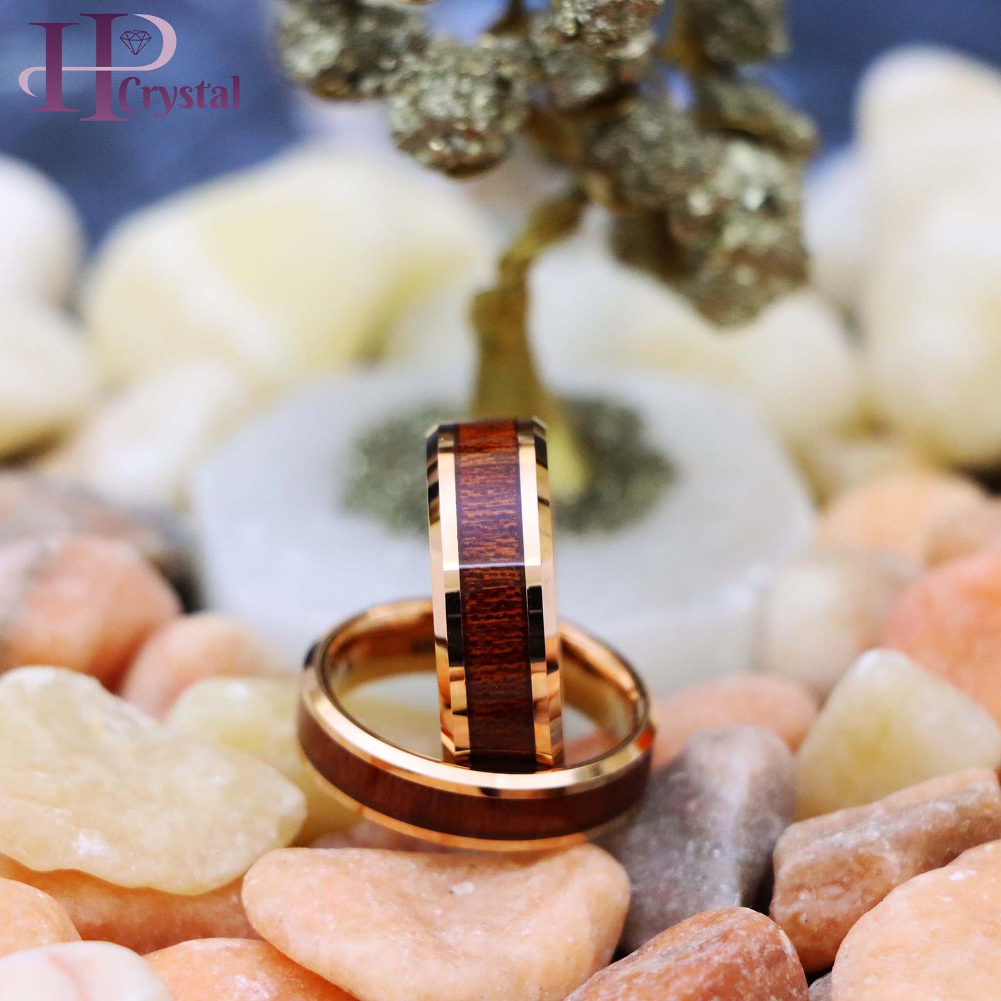 Rose Gold IP Plated with Hawaiian Koa Wood Inlay Shiny Beveled Edge Tungsten Ring