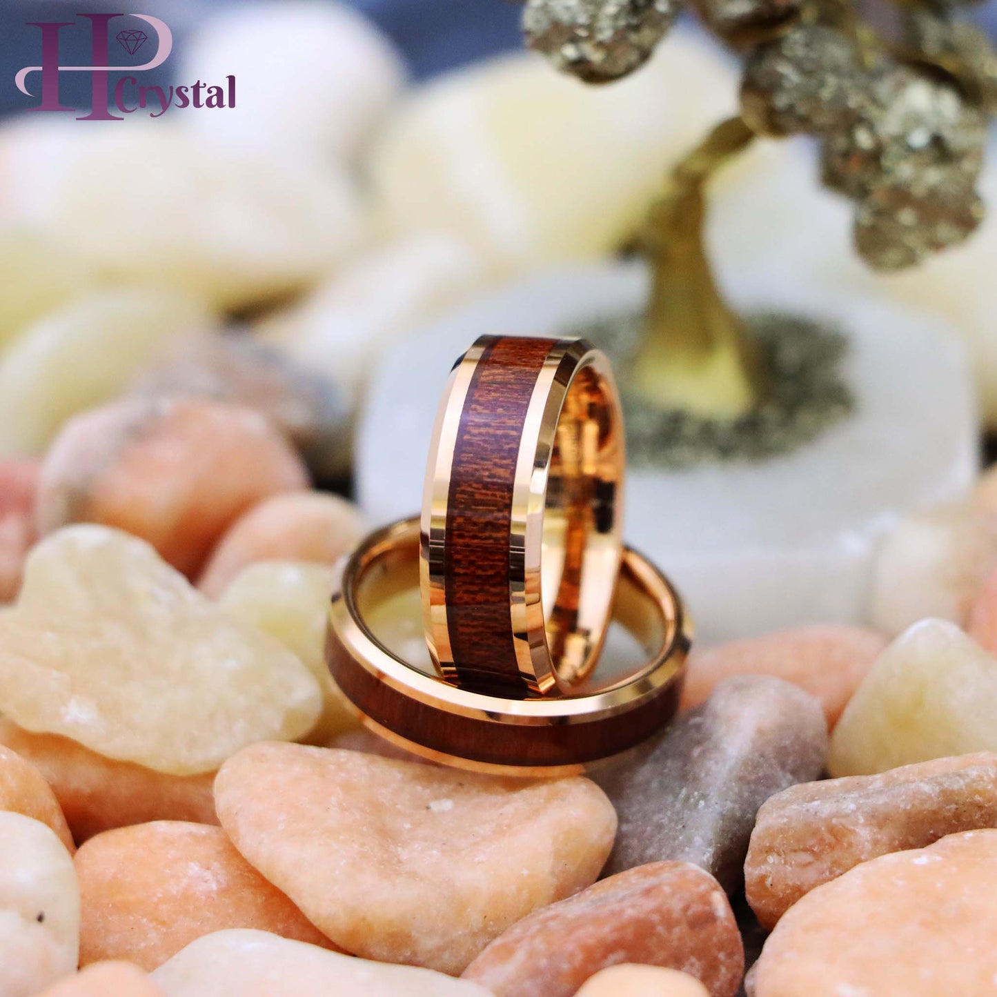 Rose Gold IP Plated with Hawaiian Koa Wood Inlay Shiny Beveled Edge Tungsten Ring