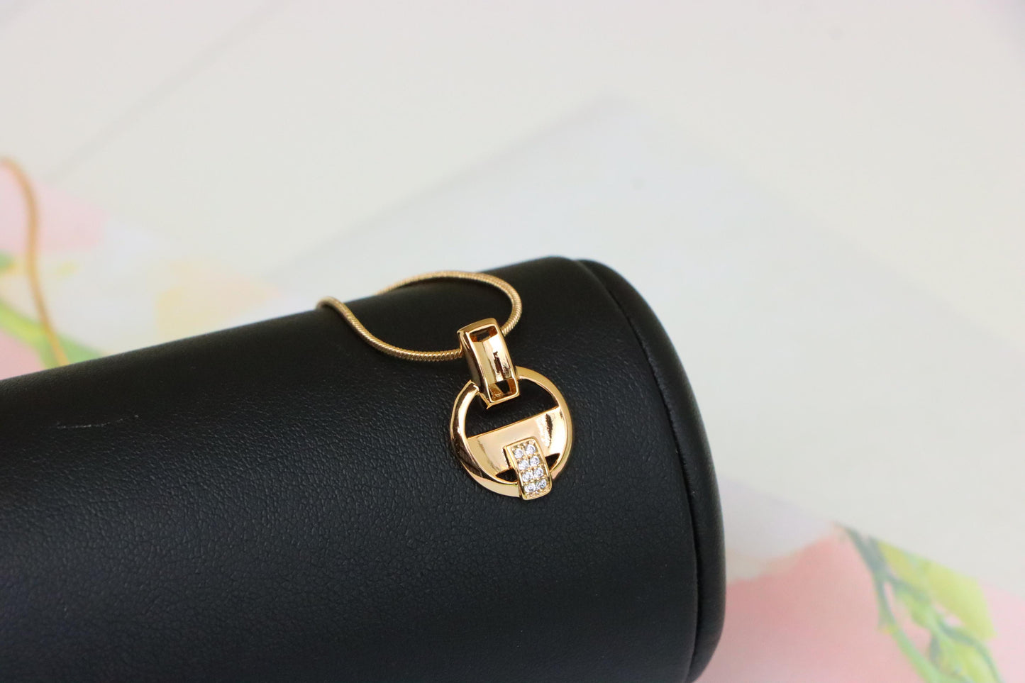 Rose Gold Circle Pendant with Geometric Design and CZ Accents, XPPT1398 (2134-7)