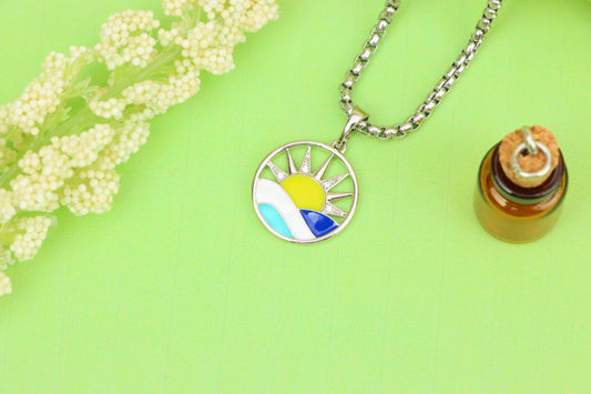 Round Silver Pendant with Colorful Sun and Wave Enamel Design, XPPT1867 (2157-10)