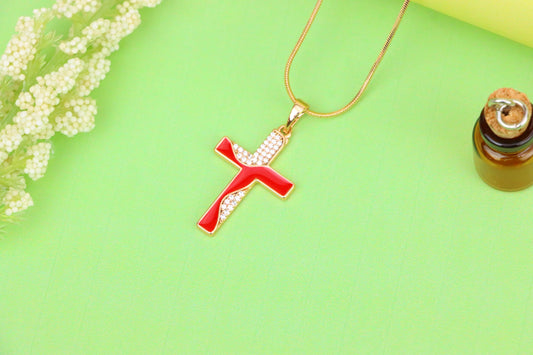 Rose Gold Cross Pendant with Red Enamel and CZ Stone Detailing, XPPT1399 (2134-8)