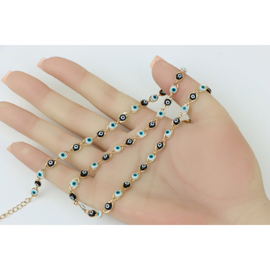 Rose Gold Evil Eye Charm Necklace with Blue &amp; Black Bead Design, XPNL0249 (2025-9)