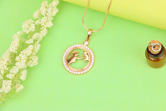 Rose Gold Circle Pendant with Mother &amp; Child Design and CZ Accents, XPPT1401 (2134-10)