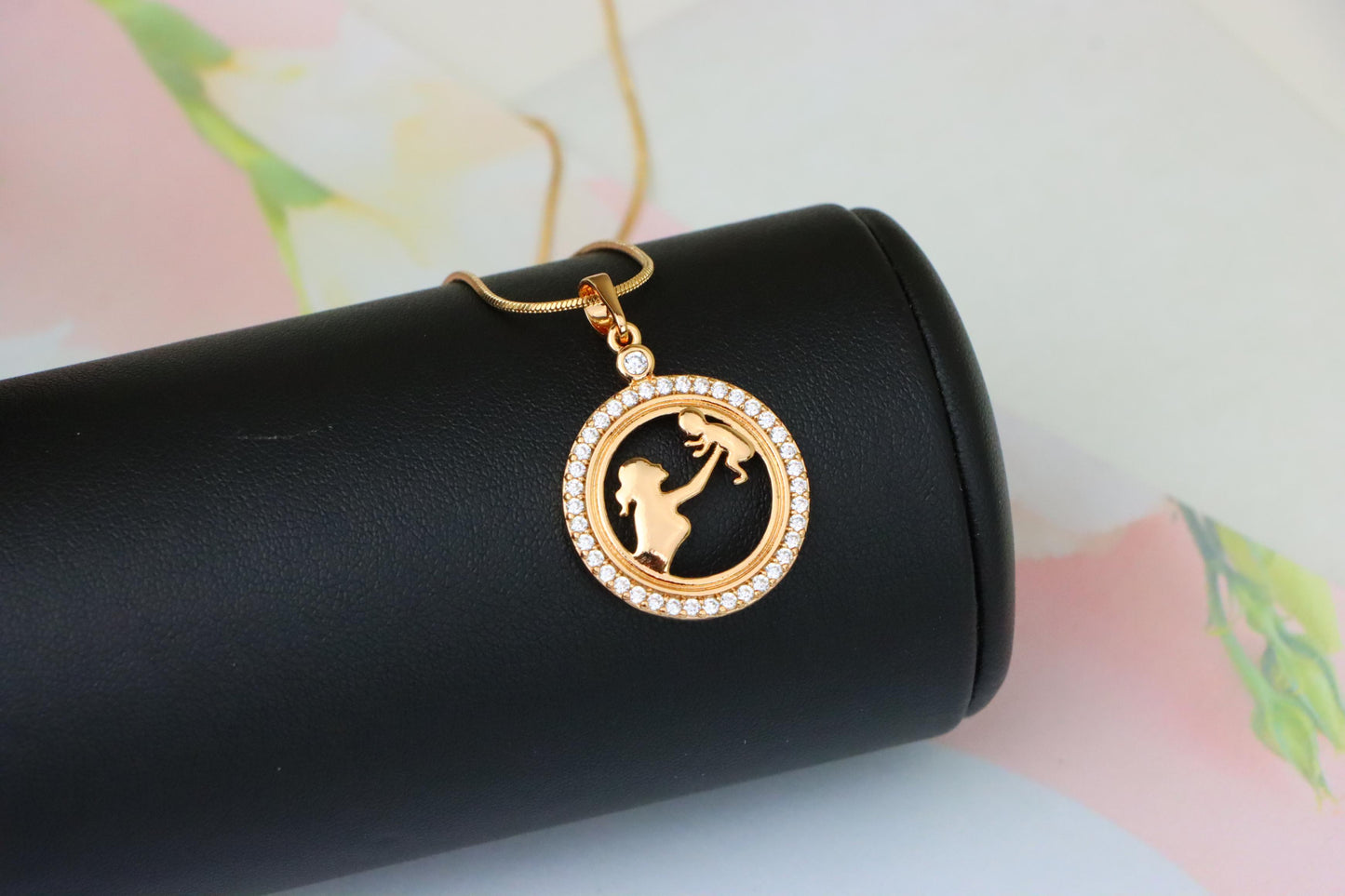 Rose Gold Circle Pendant with Mother &amp; Child Design and CZ Accents, XPPT1401 (2134-10)