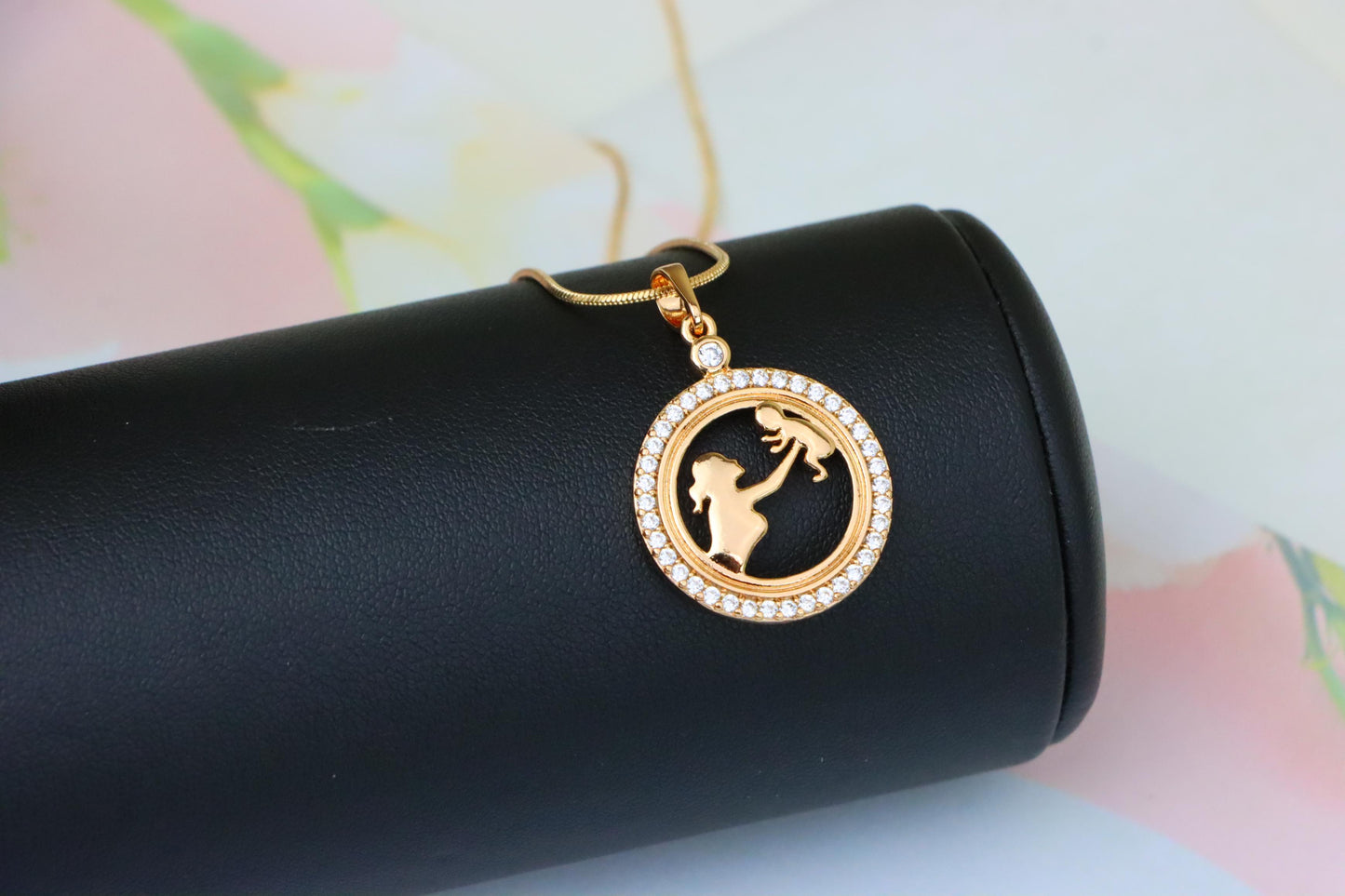 Rose Gold Circle Pendant with Mother &amp; Child Design and CZ Accents, XPPT1401 (2134-10)