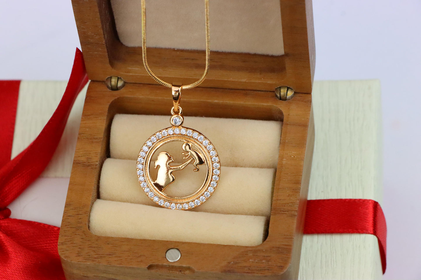 Rose Gold Circle Pendant with Mother &amp; Child Design and CZ Accents, XPPT1401 (2134-10)