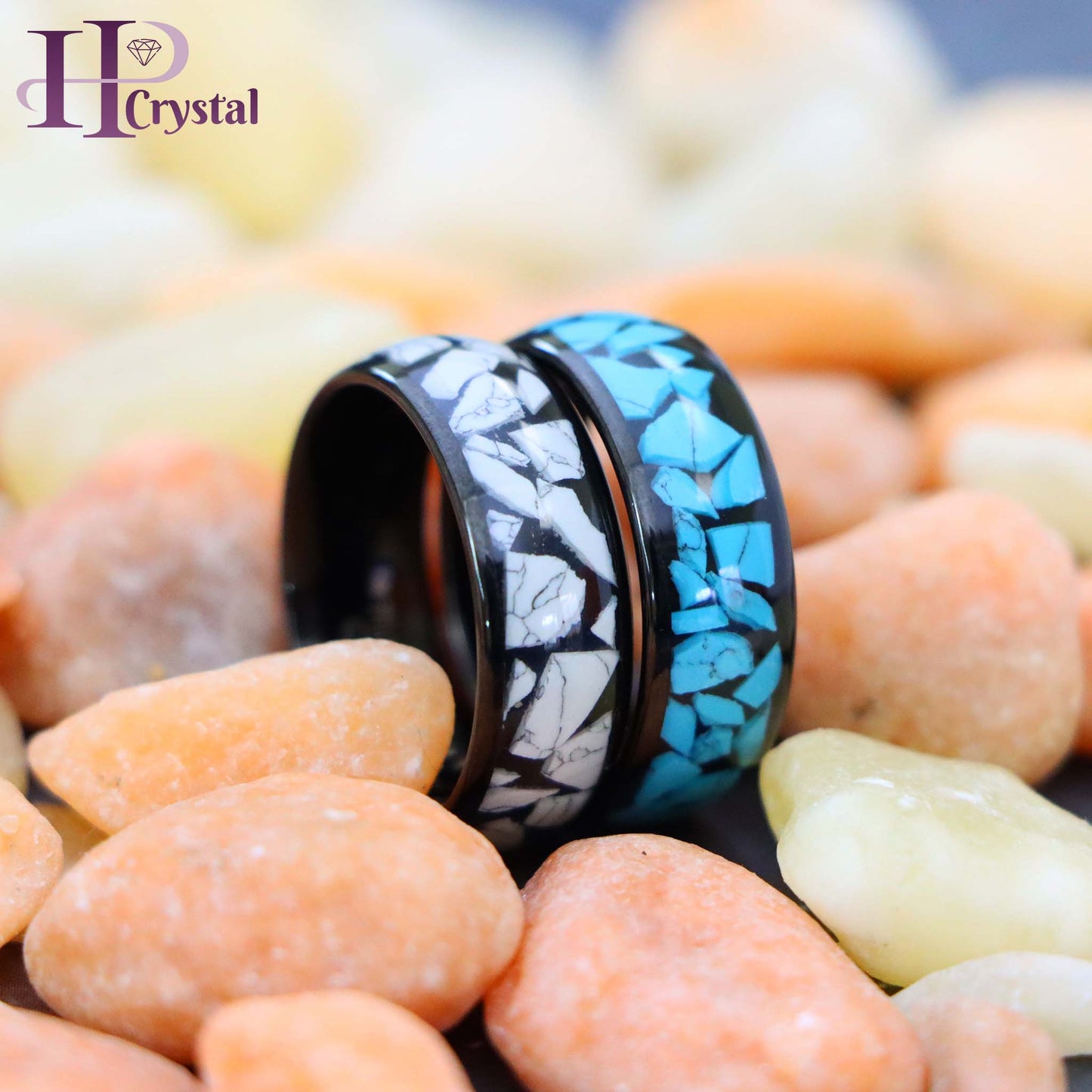 Black IP Plated White/Blue Turquoise Fragments Inlay Tungsten Ring - Men's Tungsten Jewelry