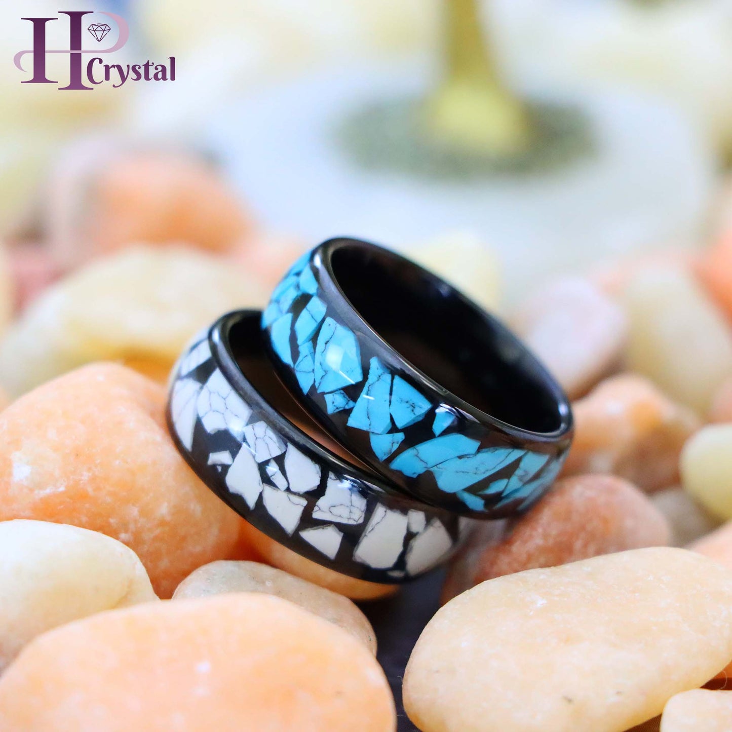 Black IP Plated White/Blue Turquoise Fragments Inlay Tungsten Ring - Men's Tungsten Jewelry