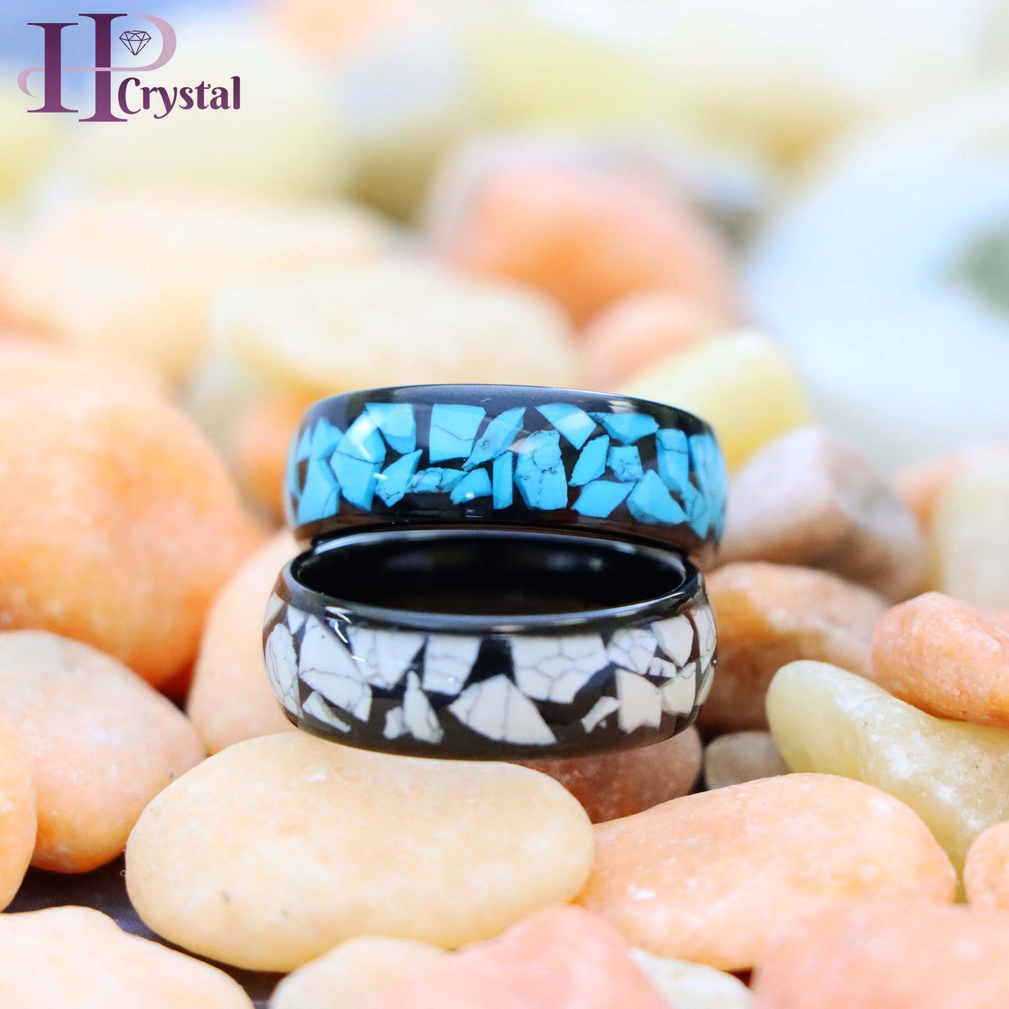 Black IP Plated White/Blue Turquoise Fragments Inlay Tungsten Ring - Men's Tungsten Jewelry