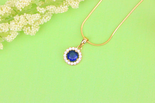 Rose Gold Round Pendant with Blue Center Stone and White Halo, XPPT1873 (2158-6)