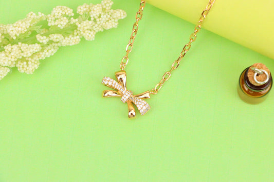 Elegant Bow Rose Gold Necklace with Sparkling Crystal Detailing, XPNL1876 (2158-9)