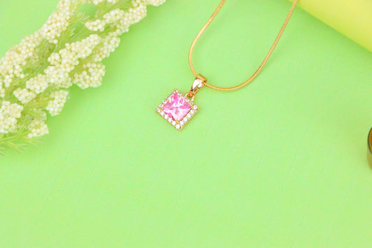Square Rose Gold Pendant with Pink Stone and CZ Border Accent, XPPT1410 (2135-9)