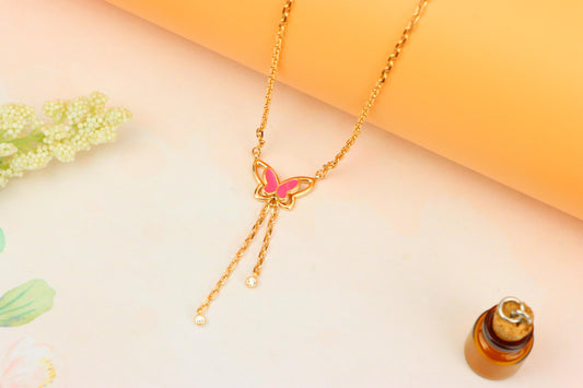Rose Gold Butterfly Pendant Necklace with Pink Enamel Charm Accent, XPNL1880 (2159-3)