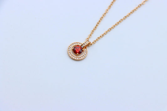 Rose Gold Circle Pendant Necklace with Red Center Stone Accent, XPNL1881 (2159-4)
