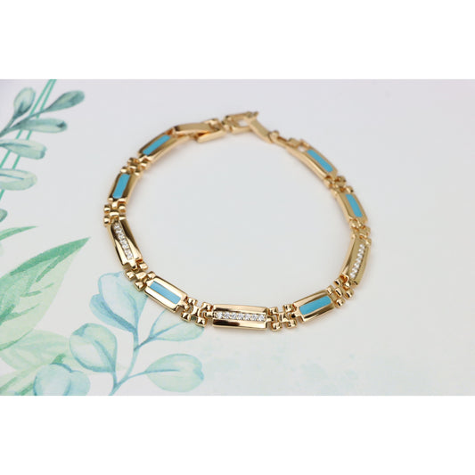 Elegant Rose Gold Bracelet with Blue Enamel and CZ Accent Links, XPBL0738 (2074-7)