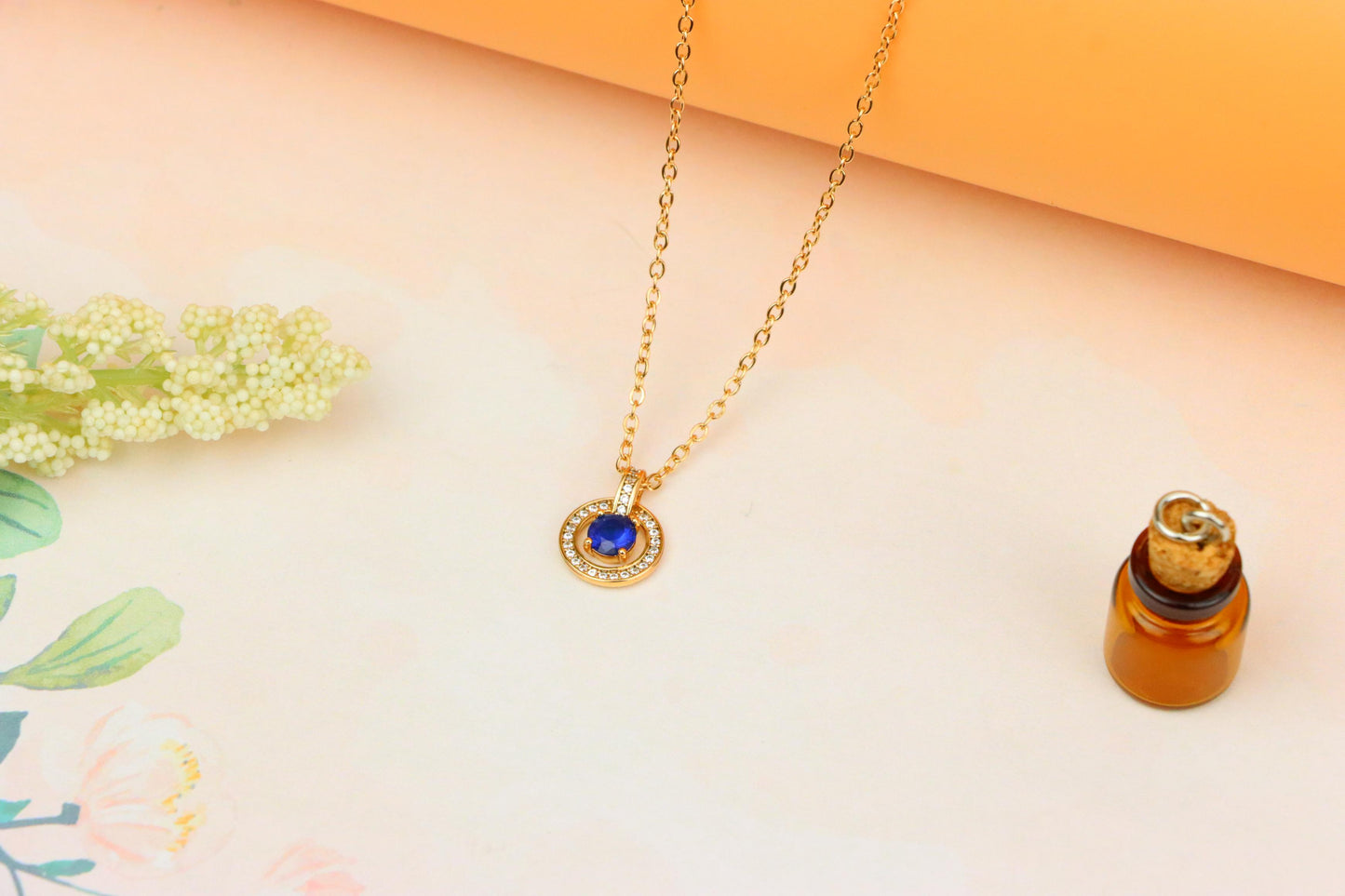 Rose Gold Necklace with Blue Center Stone and Crystal Halo Pendant, XPNL1884 (2159-7)