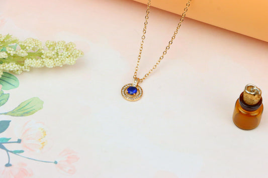 Rose Gold Necklace with Blue Center Stone and Crystal Halo Pendant, XPNL1884 (2159-7)