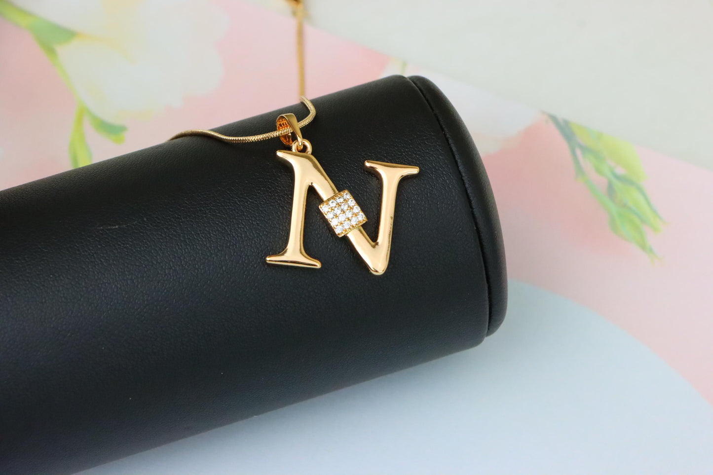 Rose Gold N Initial Pendant with Dazzling CZ Crystals, XPPT1425 (2136-1)