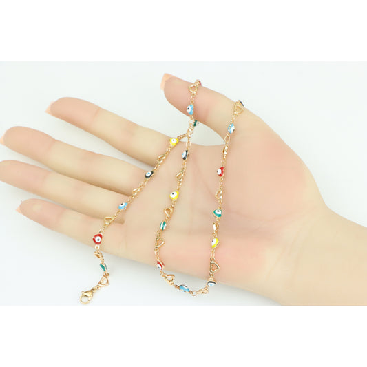 Rose Gold Plated Heart &amp; Multicolor Evil Eye Necklace, XPNL0276 (2028-6)