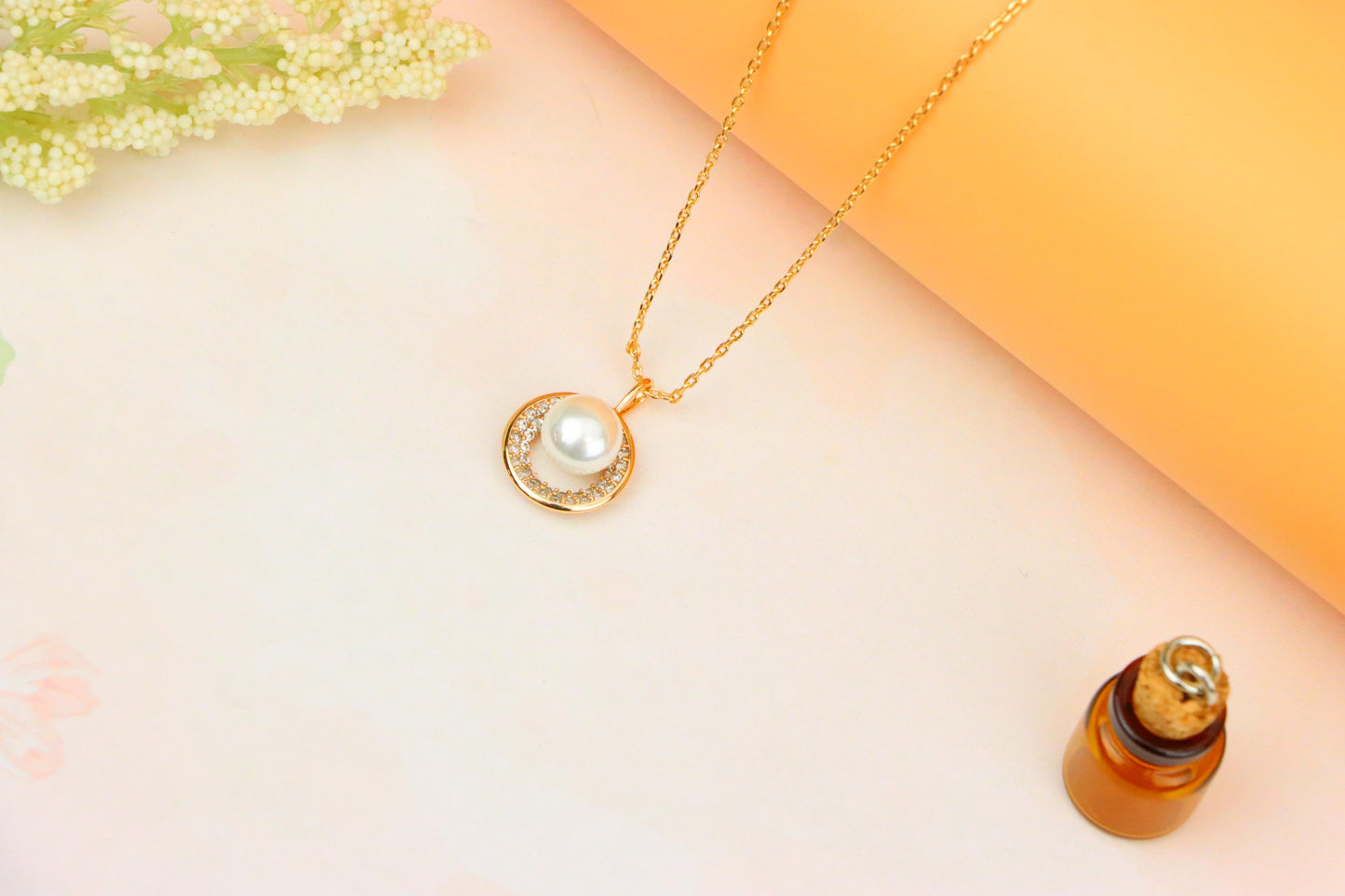 Rose Gold Circle Pendant Necklace with Pearl and Crystal Accents, XPNL1890 (2160-3)