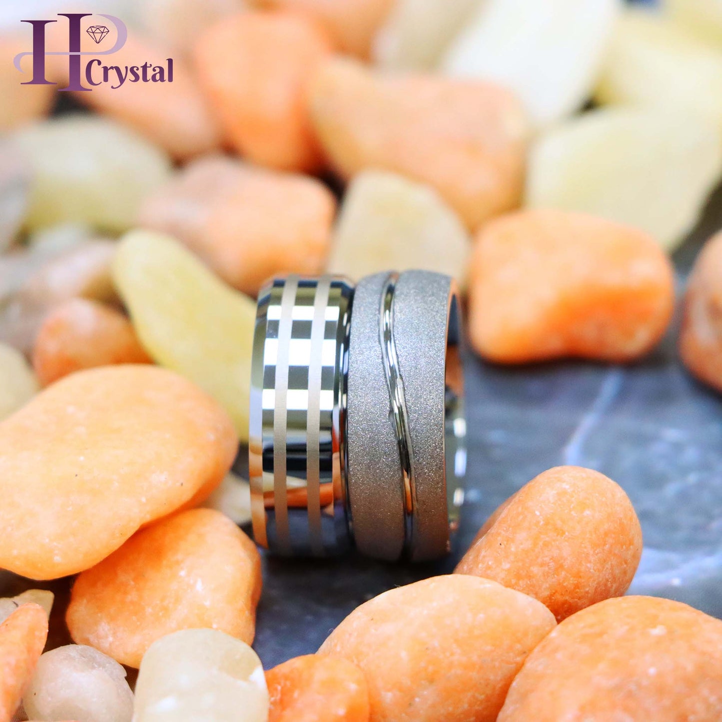 Swirl Design Rough Stone Frosted Finish / High Polish Two Lines Laser Engraved Center Tungsten Ring - Men's Fashion Jewelry