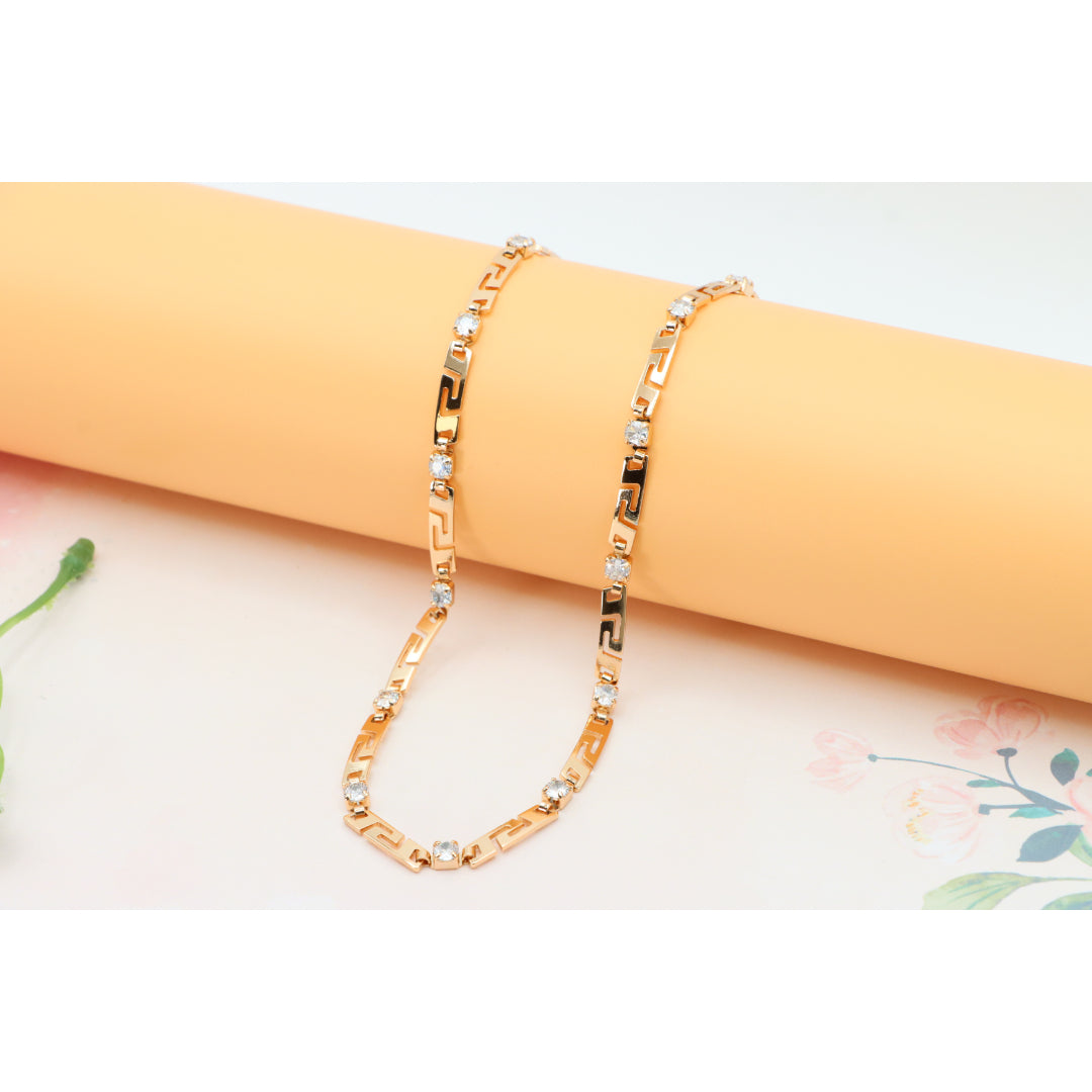 Rose Gold Necklace with CZ Stones and Greek Pattern, XPNL0280 (2028-10)