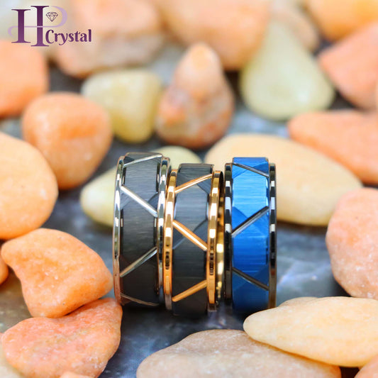 Blue & Black/Black/Rose Gold/Black/Silver IP Plated Trapezoids Stepped Edge Tungsten Ring