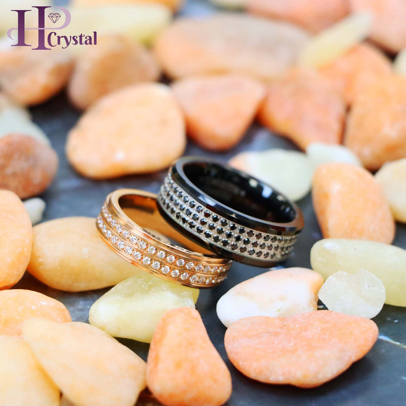 Side view of men’s jewelry ring in rose gold titanium with full eternity CZ inlay
