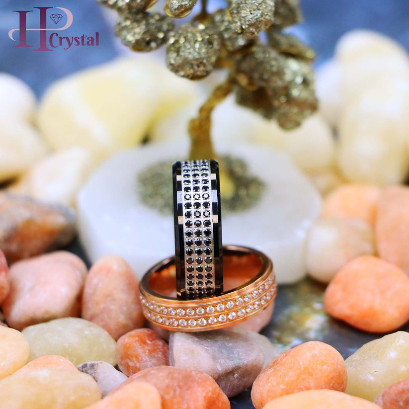 Close-up of full eternity design with white CZ stones on titanium men’s ring