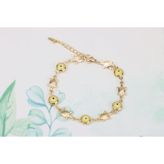 Rose Gold Turtle &amp; Yellow Evil Eye Bracelet, Cute Protective Design, XPBL0744 (2075-3)