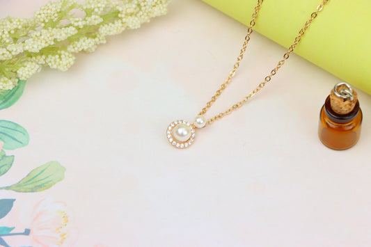Elegant Dual Pearl Rose Gold Necklace with Sparkling Halo Circle, XPNL1899 (2161-2)