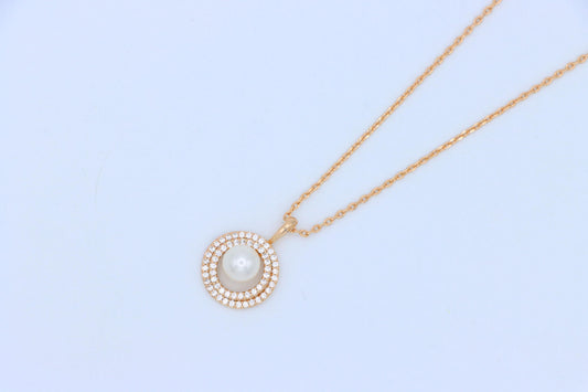 Elegant Rose Gold Pearl Pendant Necklace with Double Halo Design, XPNL1902 (2161-5)