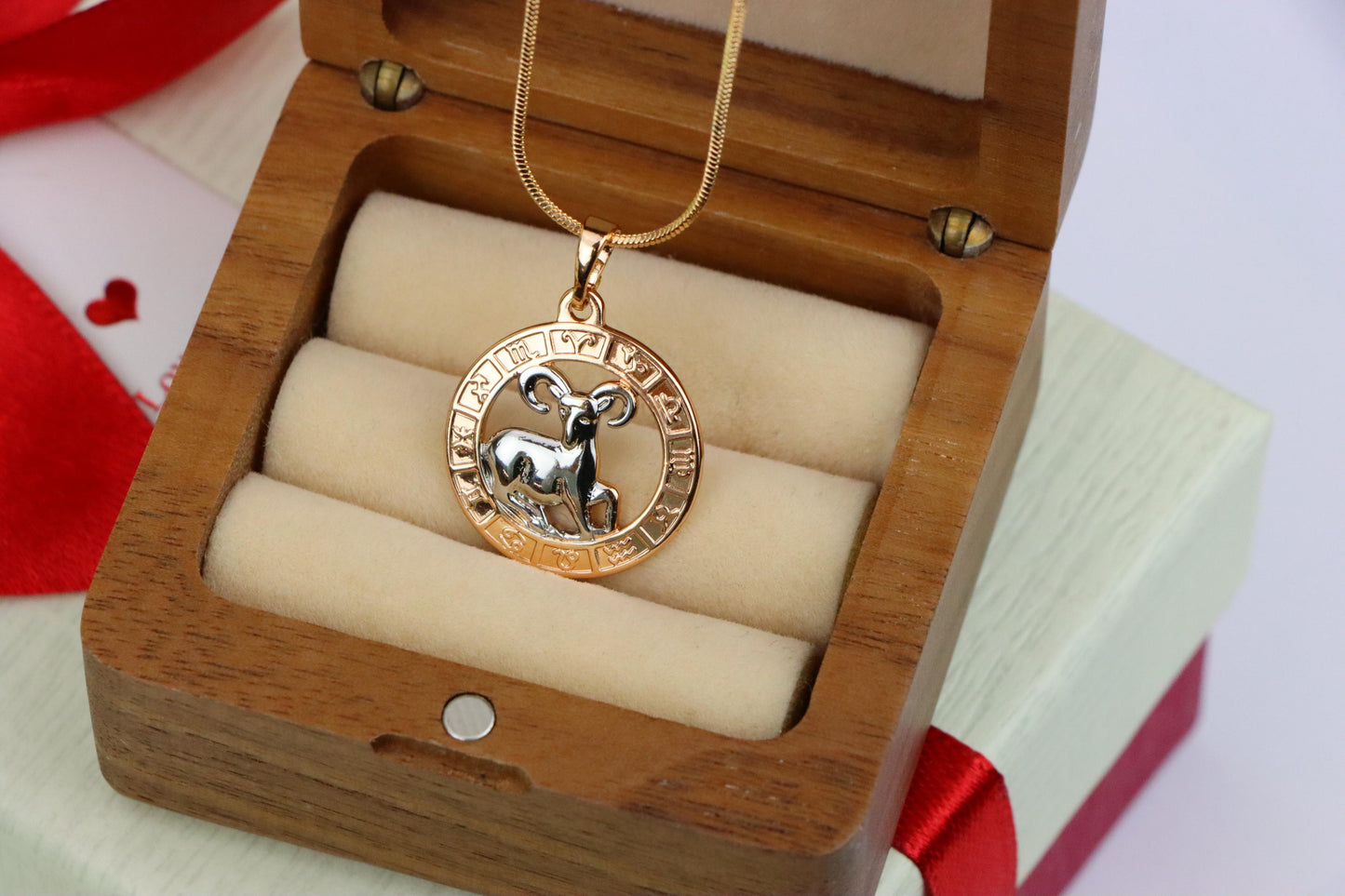 Rose Gold Zodiac Pendant with Ram Motif and Symbolic Border, XPPT1445 (2136-9)