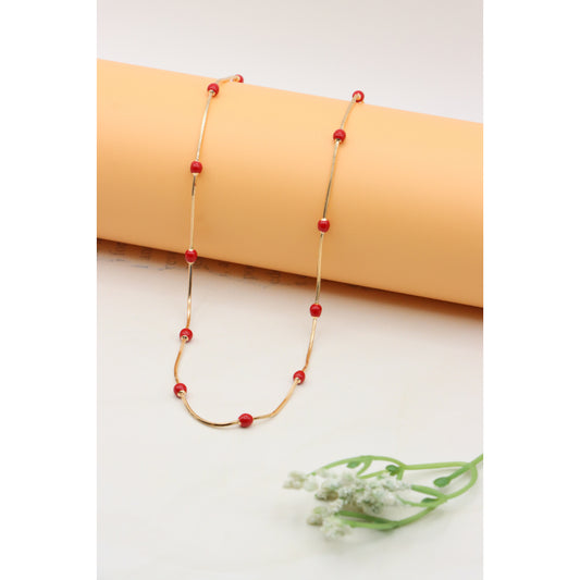 Delicate Yellow Gold Plated Necklace with Red Beads, XPNL0302 (2031-2)