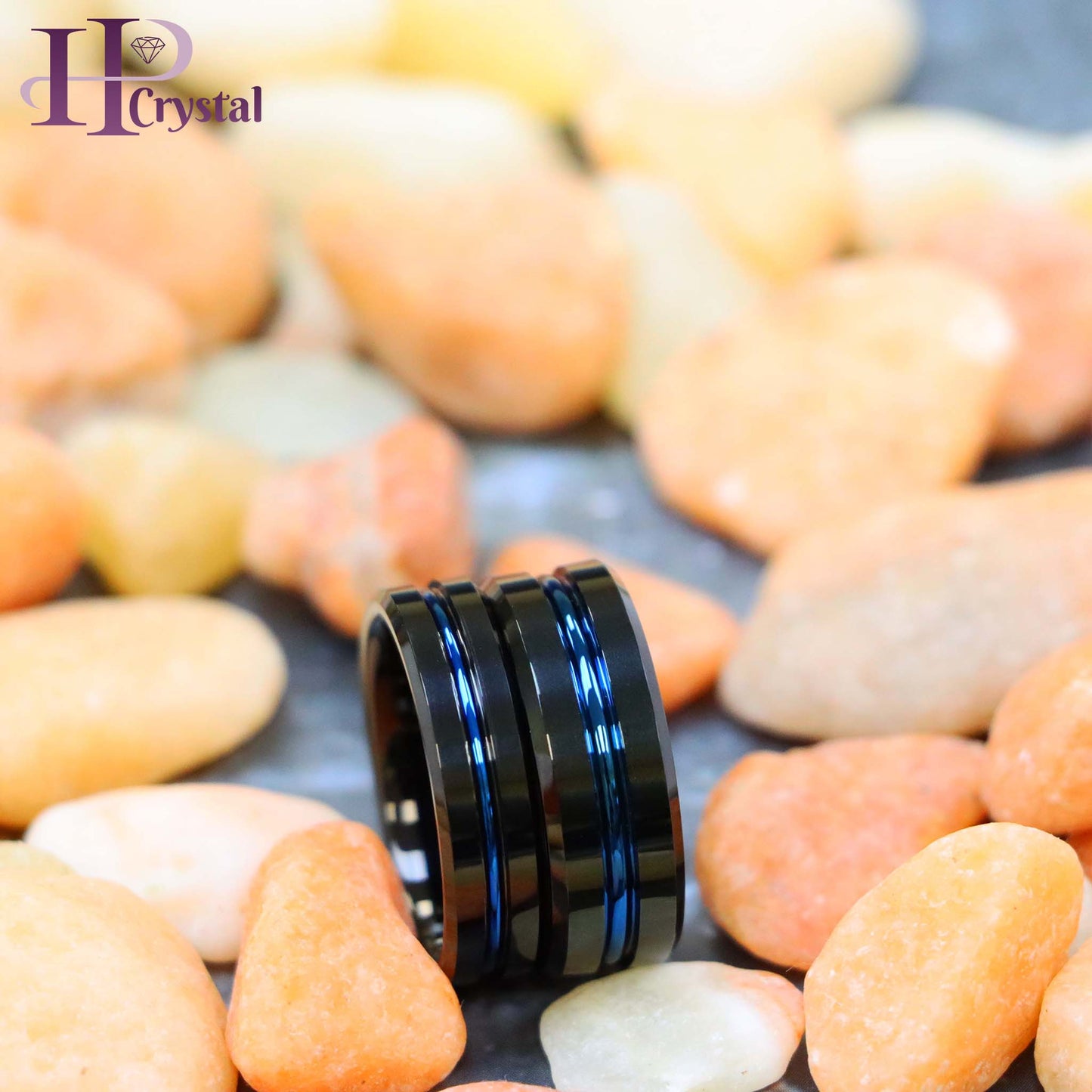 Black IP Shiny with Blue IP Plated Grooved Center Tungsten Ring