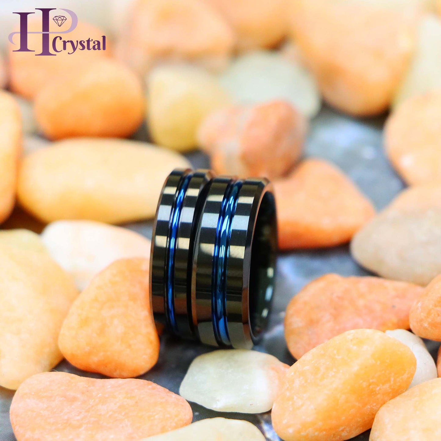 Black IP Shiny with Blue IP Plated Grooved Center Tungsten Ring