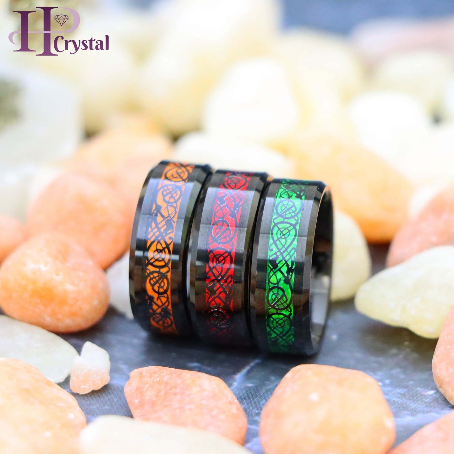 Black & Red / Black & Green / Black & Orange Celtic Inlay Tungsten Ring