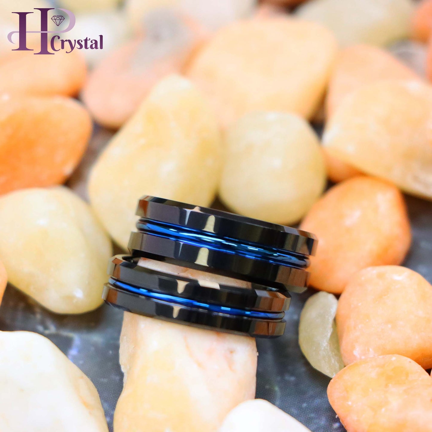 Black IP Shiny with Blue IP Plated Grooved Center Tungsten Ring