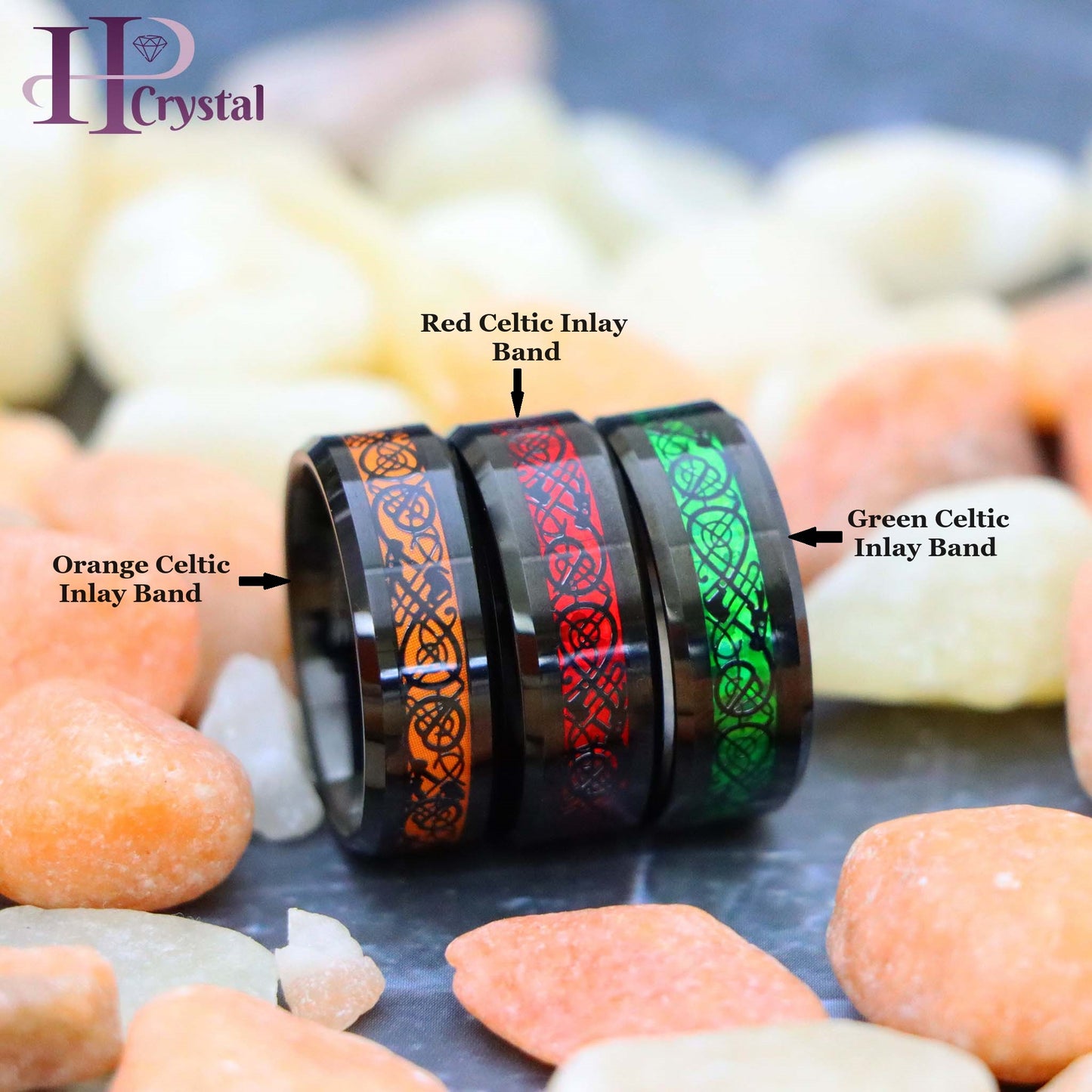 Black & Red / Black & Green / Black & Orange Celtic Inlay Tungsten Ring