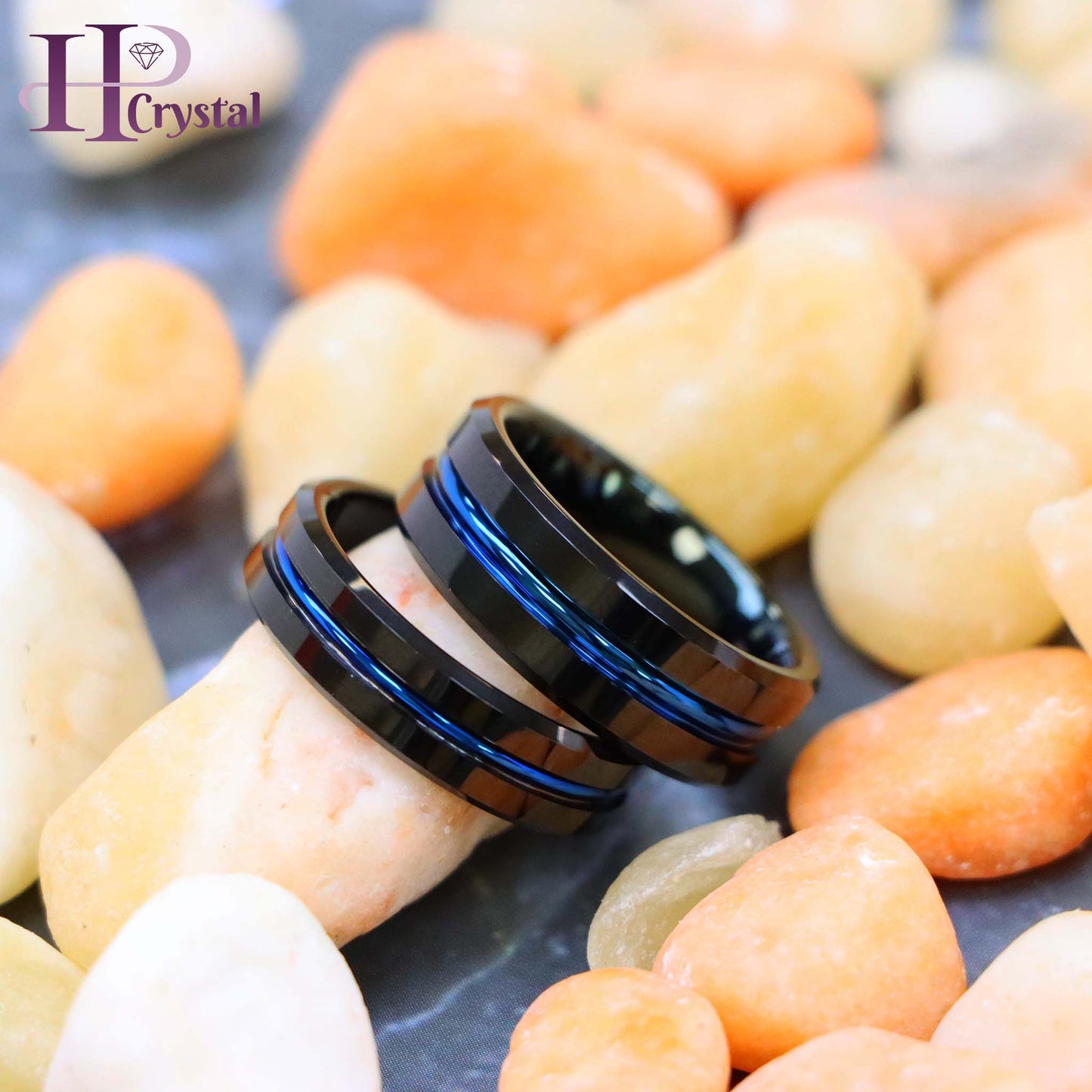 Black IP Shiny with Blue IP Plated Grooved Center Tungsten Ring