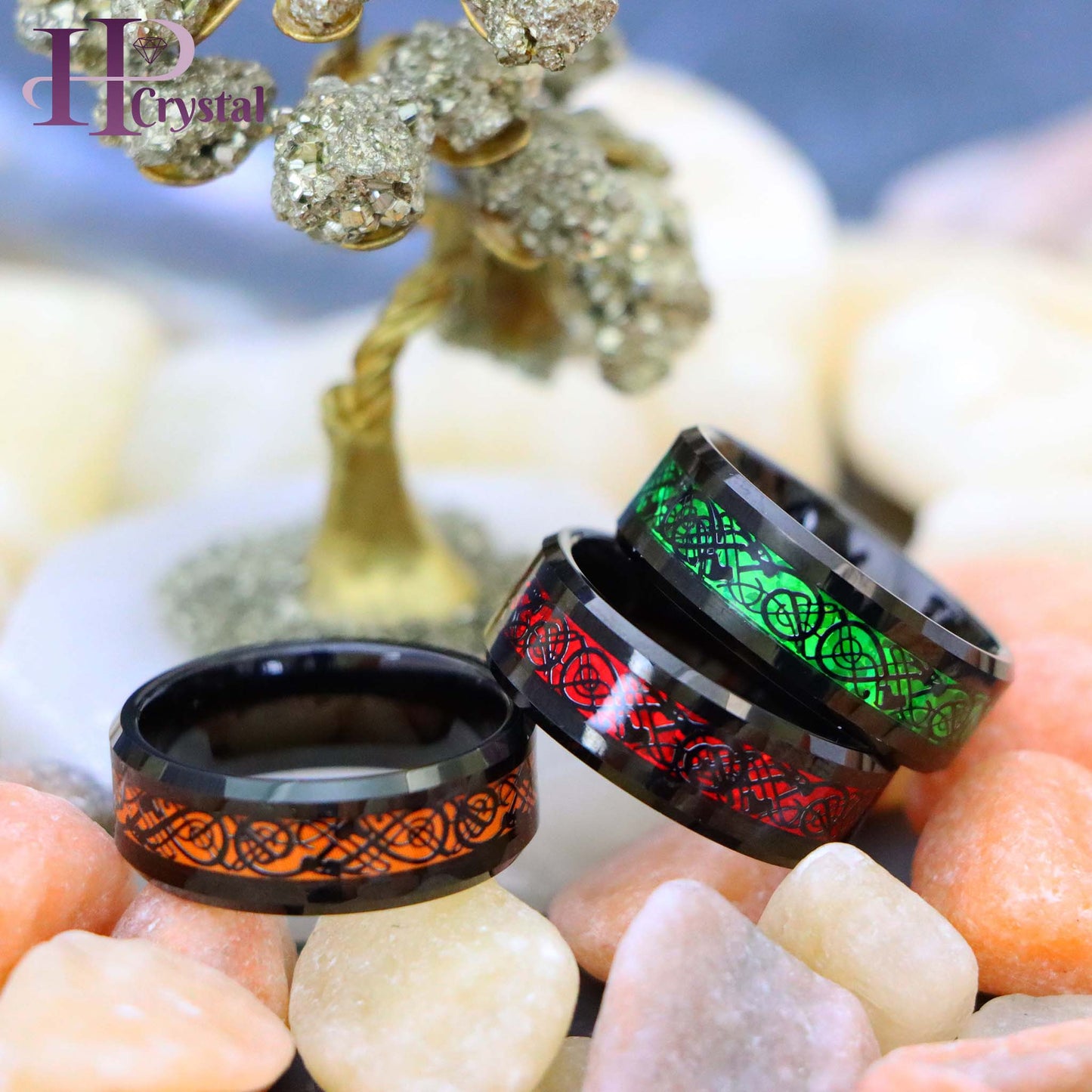 Black & Red / Black & Green / Black & Orange Celtic Inlay Tungsten Ring