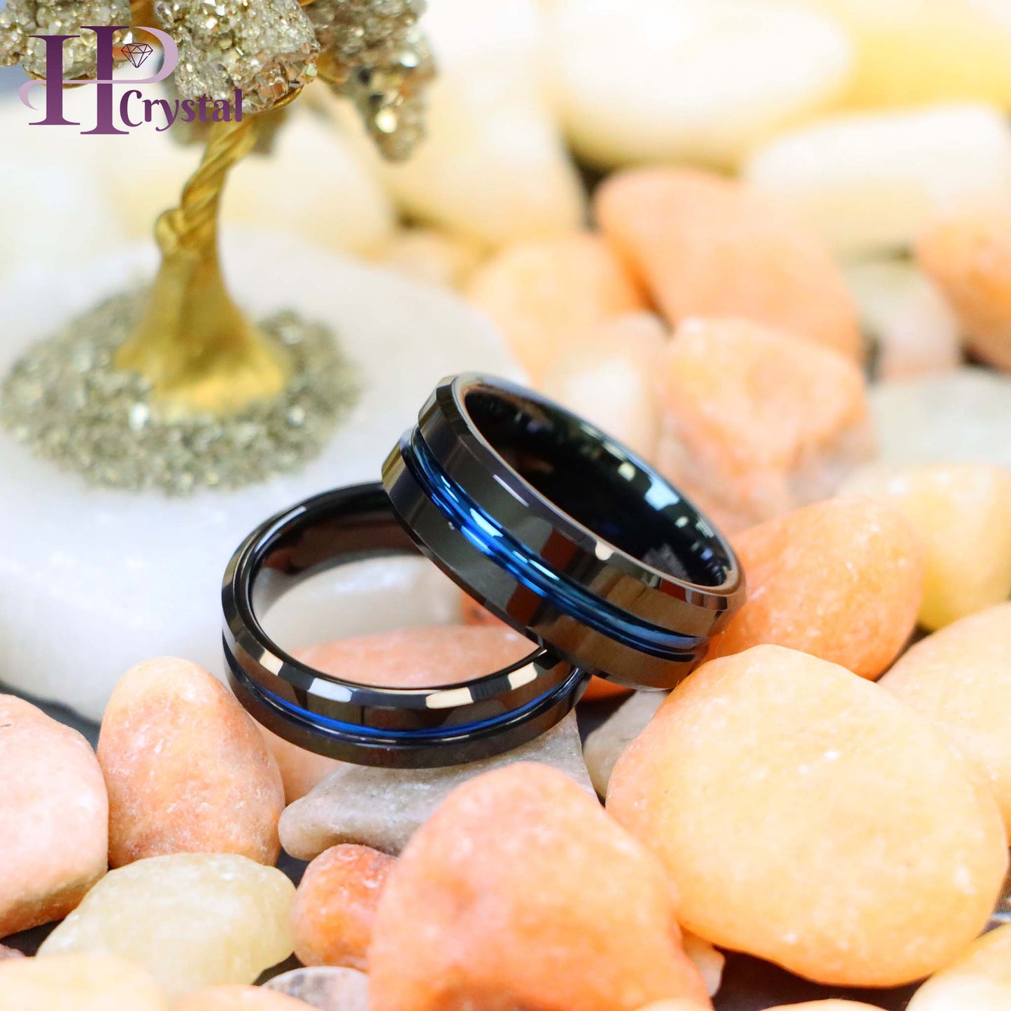 Black IP Shiny with Blue IP Plated Grooved Center Tungsten Ring